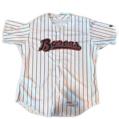 red baseball jersey with white stripes